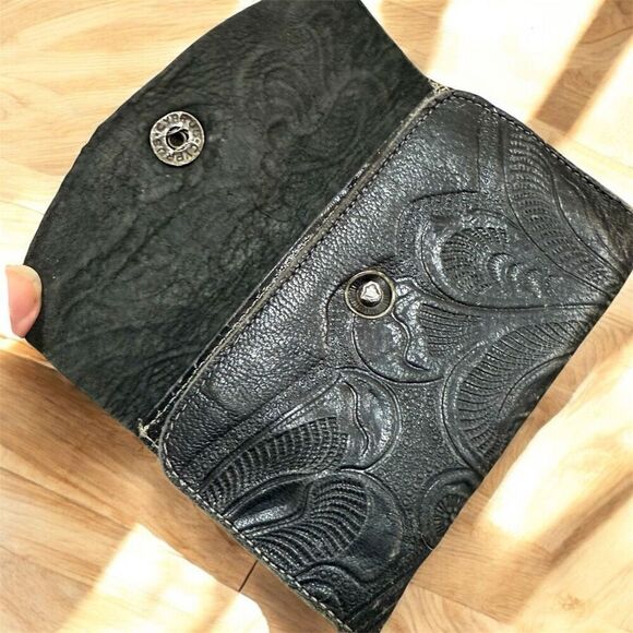 Vintage Black Denim Leather Tooled Wallet Rose Floral Wéstern - Picture 3 of 5